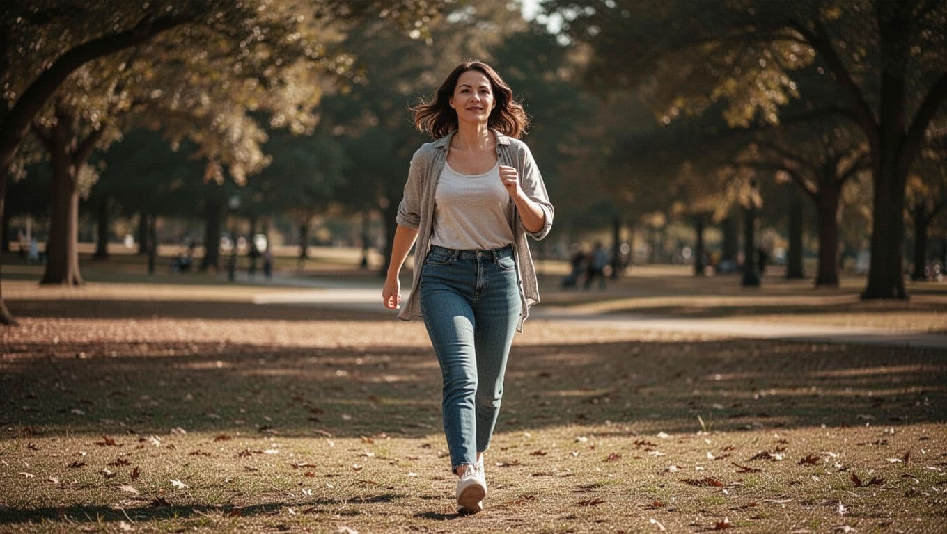 A single woman in her 30s on a light brisk walk in a sunny park after eating, wearing casual clothes and feeling energized. Cinematic style with strong contrast, dramatic side lighting, and warm earthy tones in greens, browns, and neutrals.