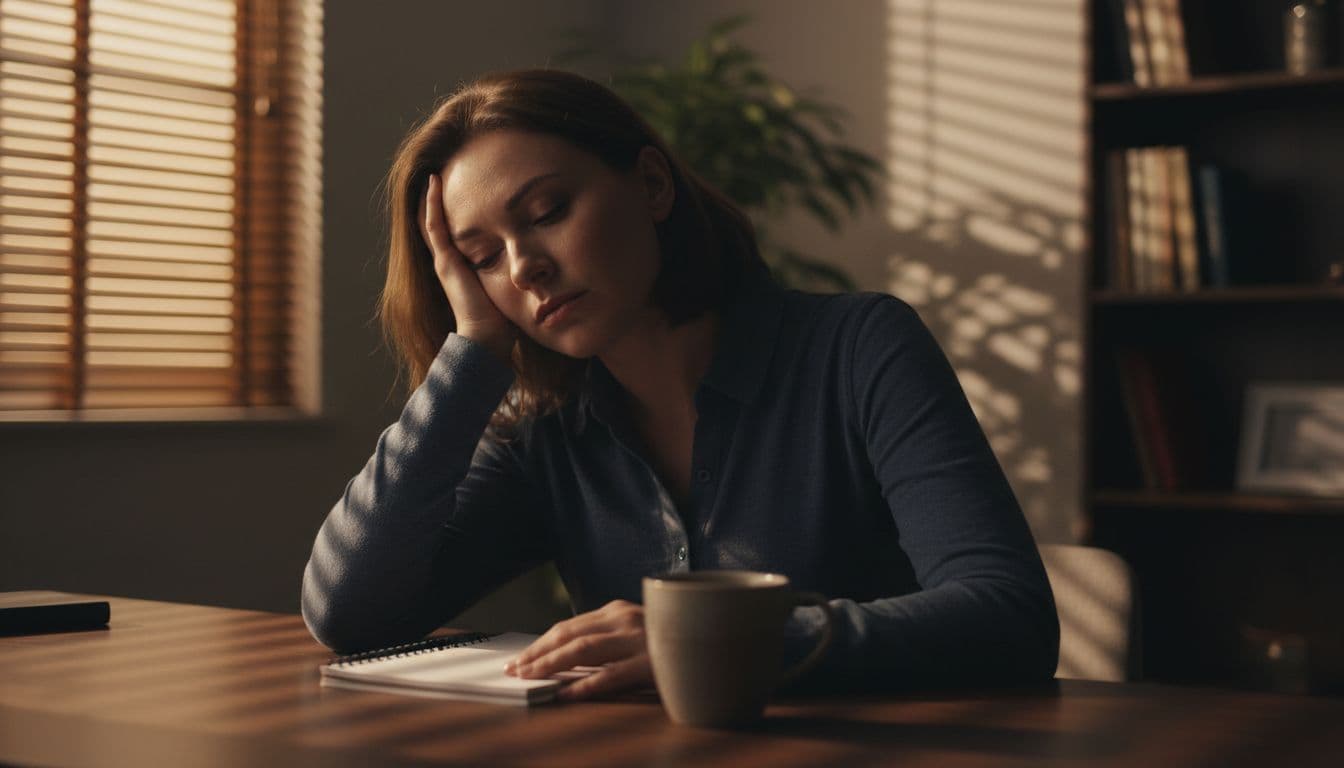 A fatigued woman rests her head on her hand at a wooden desk in a home office, eyes half-closed from exhaustion, with a notebook and tea cup nearby, illuminated by soft evening light through blinds.
