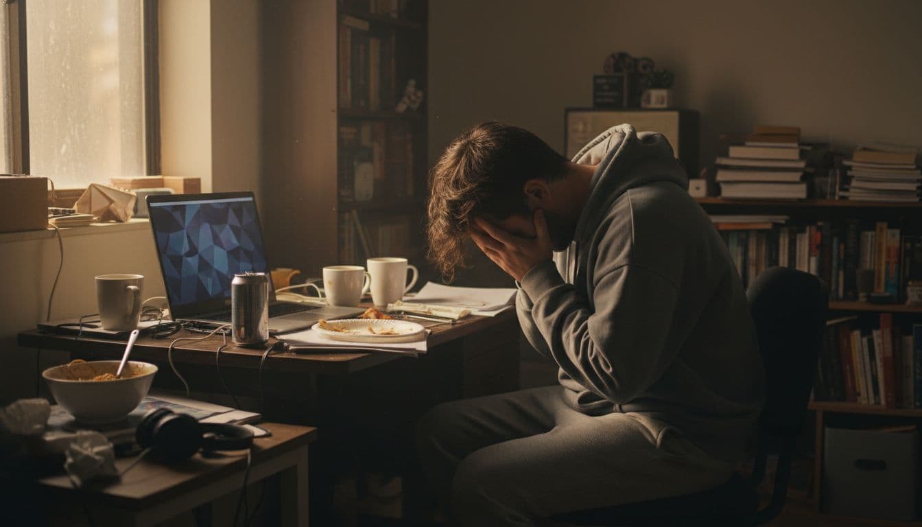 Exhausted young man slumped over his home office desk in a small apartment, head in hands amid empty coffee cups, laptop on screensaver, dim light, cluttered with papers.