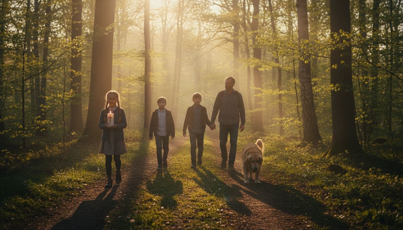A family of four with their dog strolls slowly along a sunny forest path at sunrise, sun rays piercing through leaves, a child holds an Easter candle symbolizing personal meaning in nature.