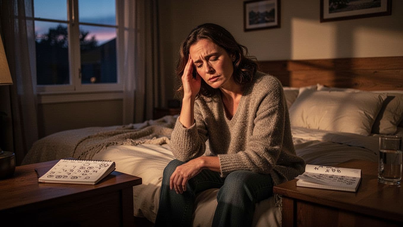 A woman in her thirties sits fatigued on the bed edge in a cozy bedroom at dusk, hand on temple, with an open calendar showing irregular dates, illustrating progesterone deficiency symptoms like fatigue and cycle disturbances.