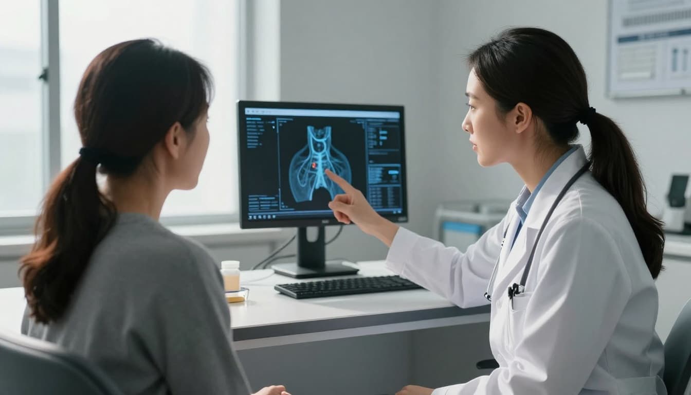 A female doctor in white coat points to a thyroid diagram on screen while consulting with a middle-aged woman patient in a modern consultation room. Patient listens attentively in calm professional atmosphere with natural daylight and cinematic lighting.