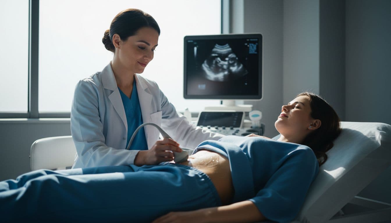 A female gynecologist gently performs an abdominal ultrasound on a relaxed woman lying on an examination table in a bright clinic room, with a professional and caring atmosphere.