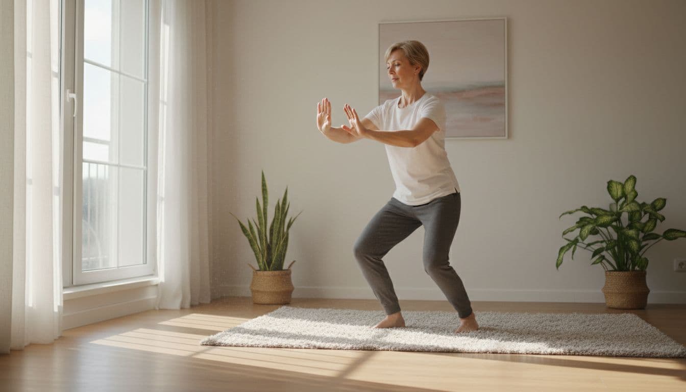 Eine Frau mittleren Alters mit Fibromyalgie übt Tai Chi in einem sonnigen Wohnzimmer in entspannter fließender Pose mit offenen Händen.