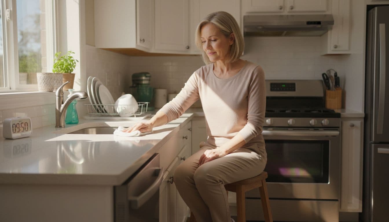 A middle-aged woman with fibromyalgia sits relaxed on a stool in a bright kitchen, wiping the countertop with a cloth during a quick 10-minute cleaning routine. Natural daylight highlights the clean surfaces around her.