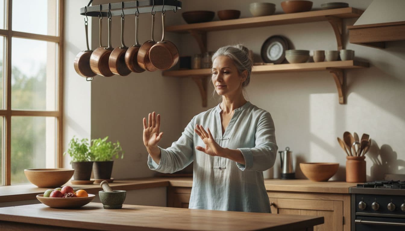 Eine Frau mittleren Alters mit Fibromyalgie übt entspannt Tai Chi in einer hellen Küche, umgeben von Küchenutensilien, in sanfter Pose mit offenen Händen, natürliches Tageslicht und ruhige Atmosphäre.