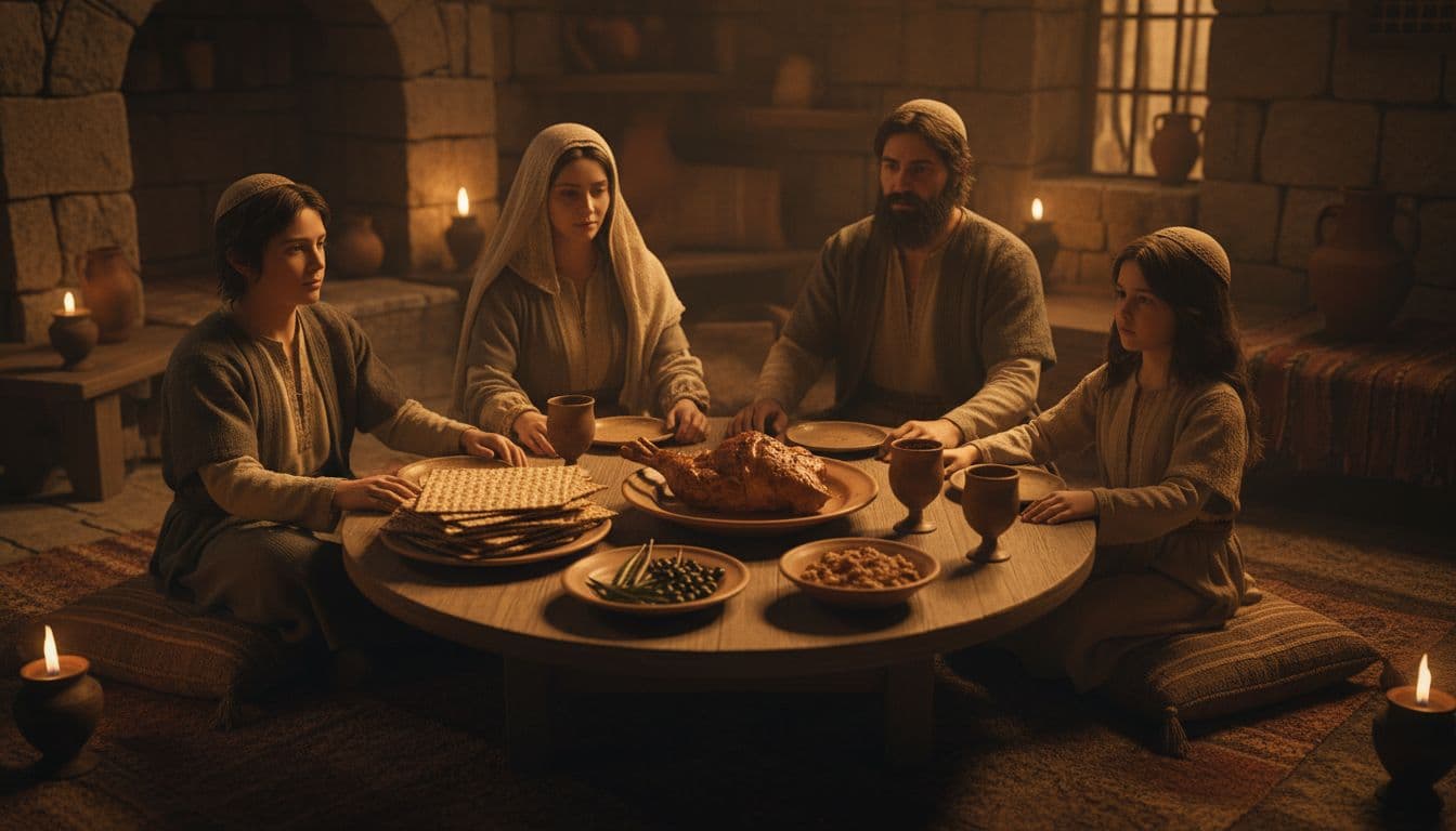 A small family of four—two adults and two children—seated around a low wooden table in a first-century Jerusalem home during a historical Passover Seder, with matzah, wine cups, bitter herbs, lamb platter, and dramatic warm lighting from oil lamps casting long shadows.