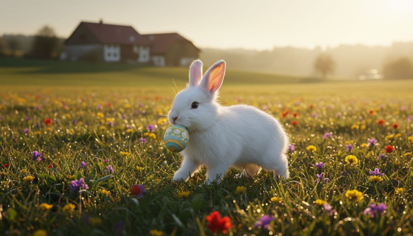 A fluffy white Easter bunny hopping through a sunny spring meadow with blooming flowers and distant farm, carrying a single painted egg in mouth, cinematic style with golden hour lighting.