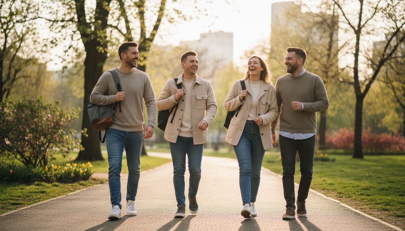 A group of four colleagues meets outdoors after work, laughing while strolling in the sunny park, dressed casually with a backpack symbolizing home office transition, natural scene with no additional people or text.