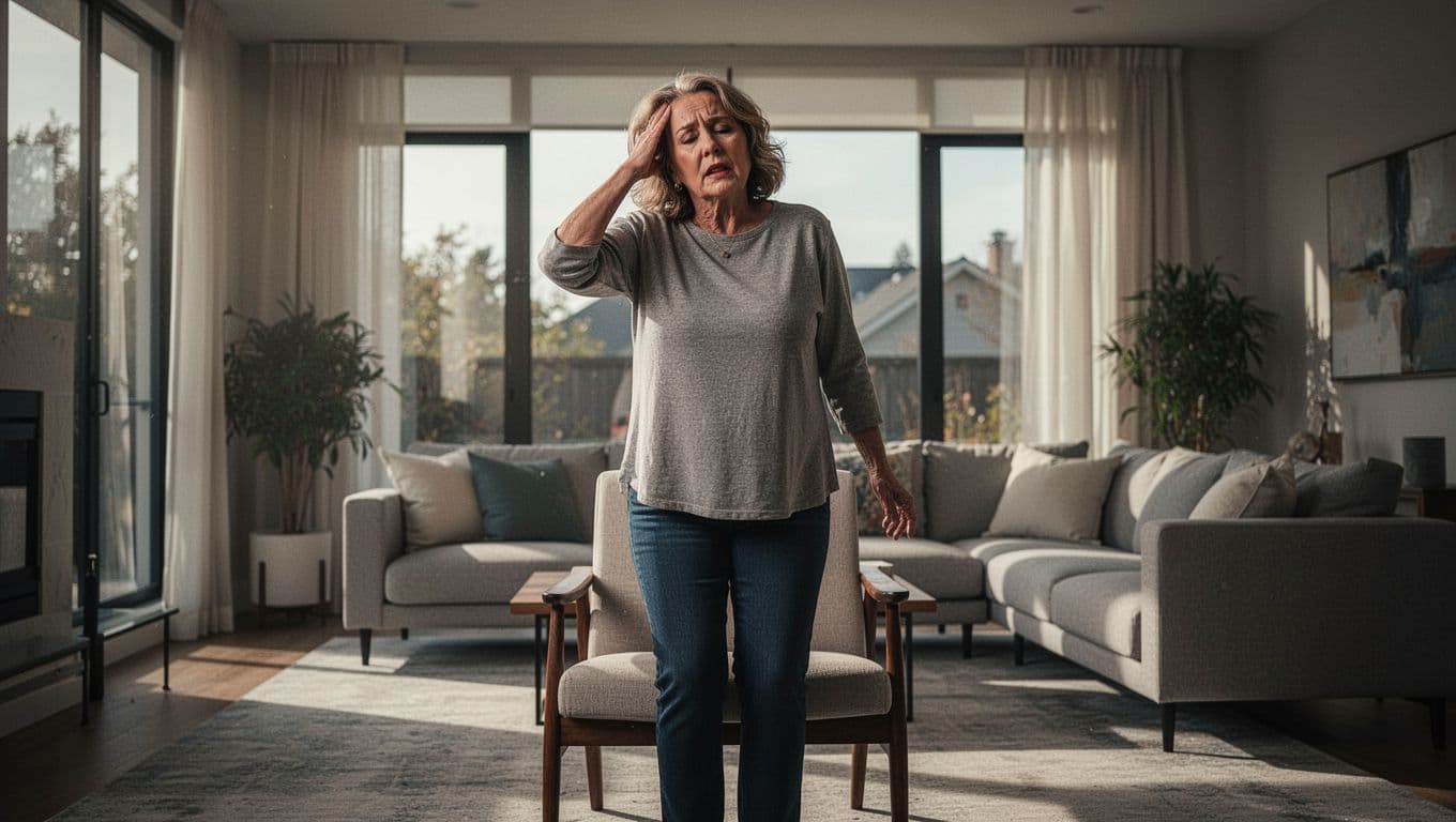 Eine junge Frau mittleren Alters steht langsam vom Stuhl auf in einem modernen Wohnzimmer und hält sich den Kopf wegen Schwindel mit einem Ausdruck von Benommenheit. Cinematic Stil mit starkem Kontrast, Tiefe und dramatischem Licht, natürliches Tageslicht durch Fenster.