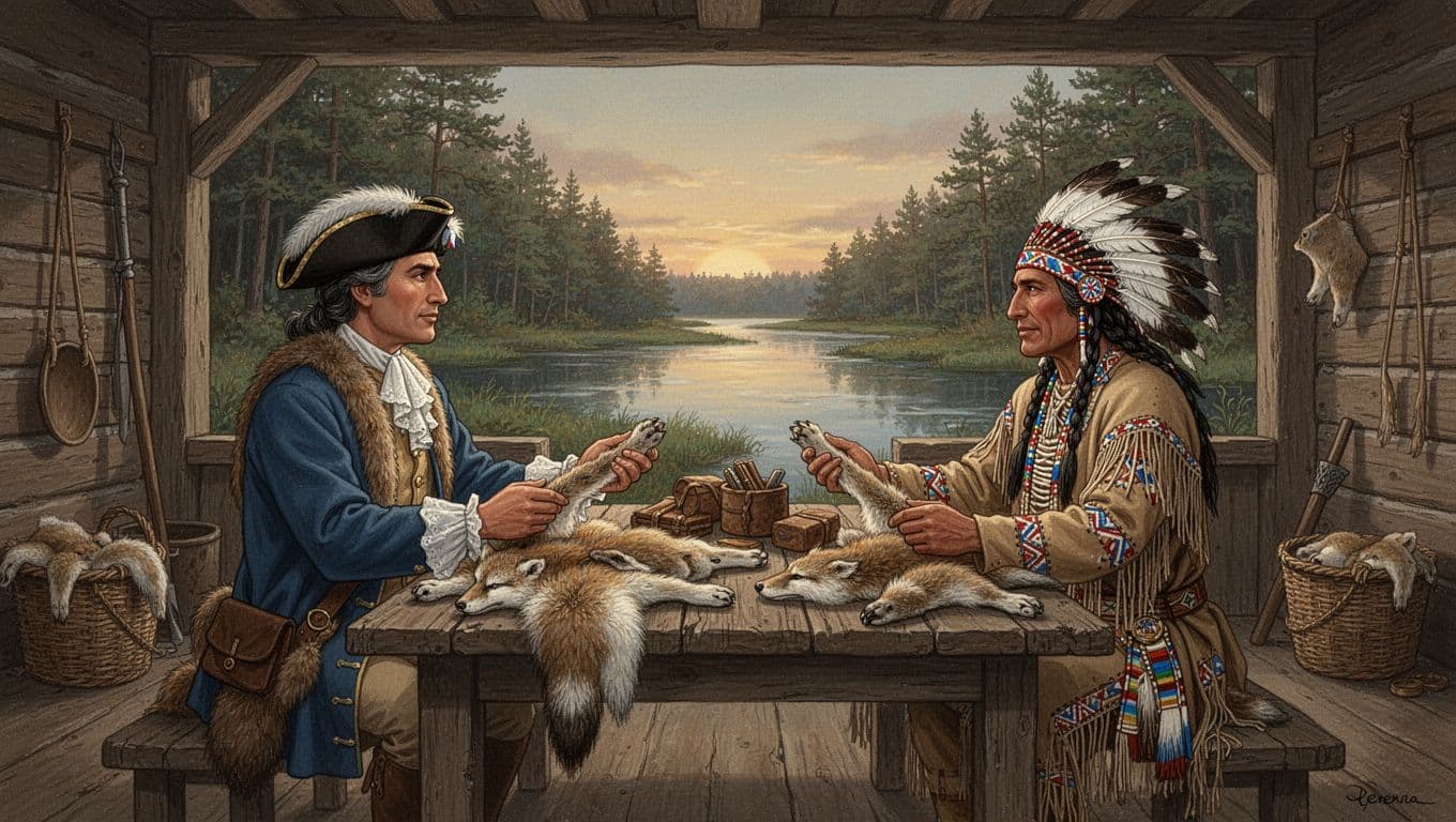 18th-century French fur traders at a wooden fort near Green Bay, Wisconsin, trading pelts with Native Americans around a table laden with furs and goods, set against a forested river background in realistic historical illustration style.