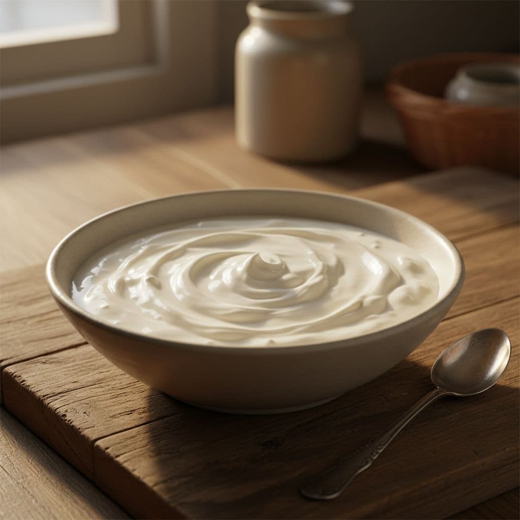 Close-up of fresh yogurt in a plain bowl on a wooden kitchen table with spoon nearby, soft morning light, cinematic style with strong contrast and dramatic lighting highlighting creamy texture for natural probiotic concept.