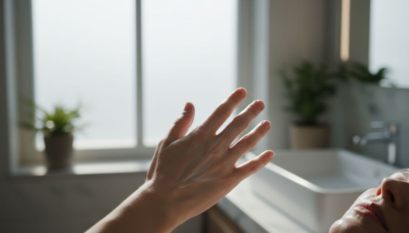 A relaxed hand gently washes a face with mild cleansing lotion in a bright bathroom, close-up focusing on skin and product in cinematic style with strong contrast, depth, and dramatic lighting.