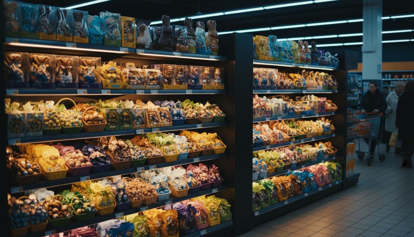 Glowing supermarket shelves packed with chocolate Easter bunnies, eggs, and baskets under bright store lights, featuring colorful packaging variety and blurred shoppers in the background, captured in cinematic style with strong contrast and dramatic lighting.