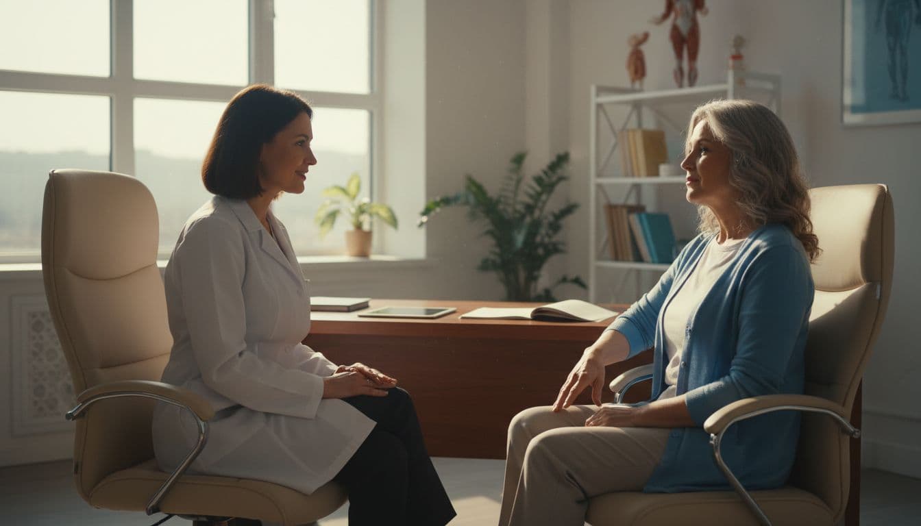 A professional female gynecologist in white coat sits across from a middle-aged female patient in a bright consultation room, both seated comfortably discussing calmly with natural window light.