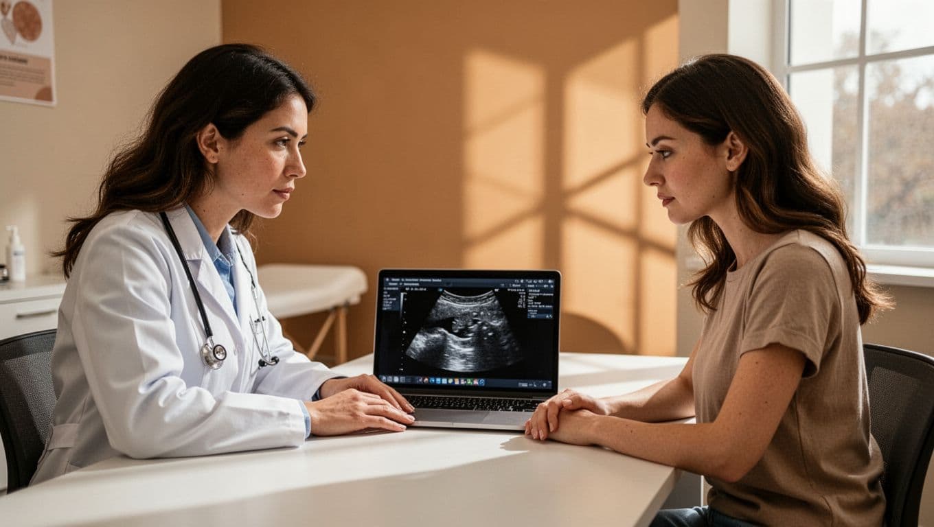 A female gynecologist in a white coat shows an ultrasound image on a laptop screen to a seated female patient in a bright medical office, both concentrating professionally.