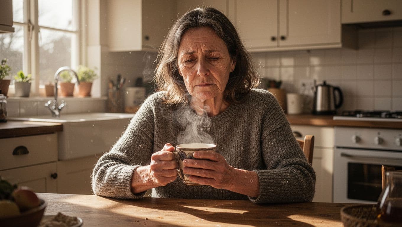 A middle-aged woman sits exhausted at the kitchen table in a bright kitchen, holding a cup of tea with both hands, appearing tired and freezing with visible goosebumps. Cinematic style featuring strong contrast, dramatic lighting, and warm tones.