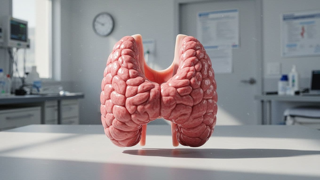 Detailed anatomical model depicting a healthy thyroid gland and an overactive one in a neutral medical presentation, brightly lit with shadows for depth, cinematic style with strong contrast, depth, and dramatic lighting. Clean and precise visualization without people, text labels, or borders in landscape aspect ratio.