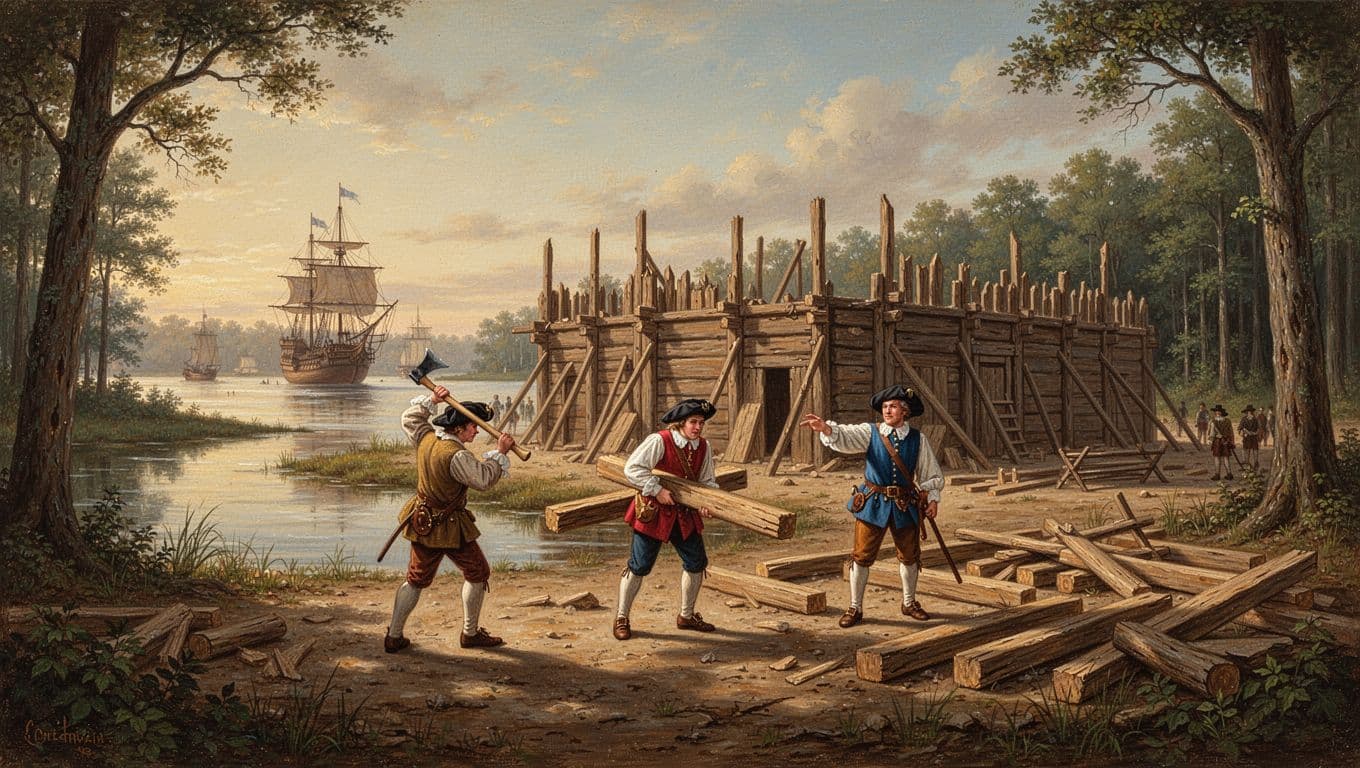 Realistic historical painting of the early Jamestown settlement in 1607, featuring a wooden fort on the Virginia riverbank with three British colonists—one with an axe, one carrying wood, one overseeing—amid golden hour lighting, ships in the background, and dense forest edge.
