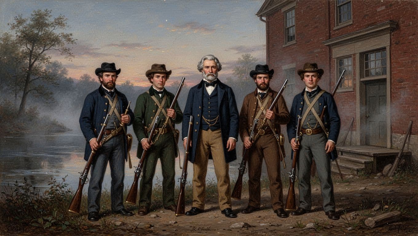Historische Szene des John-Brown-Raids 1859 in Harpers Ferry: Abolitionist mit vier Männern mit Gewehren vor dem Arsenal bei Dämmerung, nebliger Fluss im Hintergrund, realistischer 1850er-Stil.