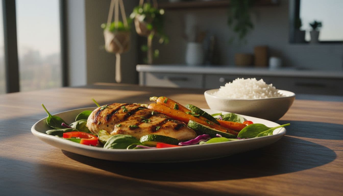 Fresh low-FODMAP meal on a wooden kitchen table with grilled chicken, carrots, zucchini, rice, and spinach leaves in a colorful arrangement under warm natural light, cinematic style with strong contrast and depth.