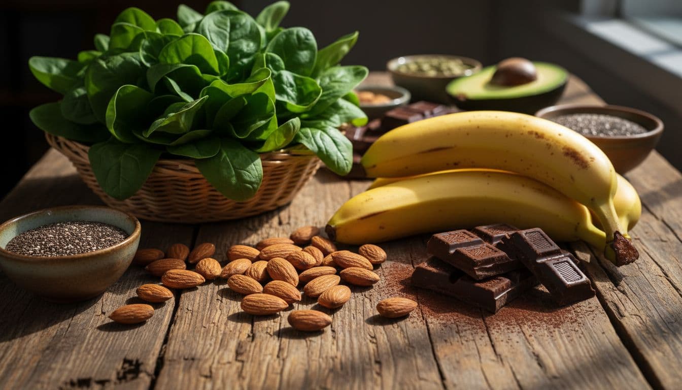 Frische magnesiumreiche Lebensmittel wie Spinat, Mandeln, Bananen und dunkle Schokolade auf einem rustikalen Holztisch in natürlichem Licht, close-up Komposition mit Tiefe und cinematic style.