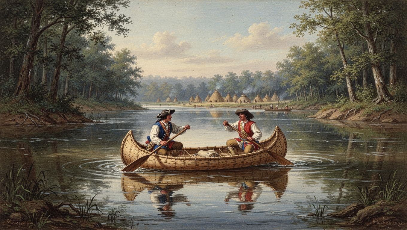Jacques Marquette and Louis Joliet paddling birchbark canoes on the Mississippi River near Wisconsin in 1673, with forested shores and distant native villages, in a historical realistic painting style.