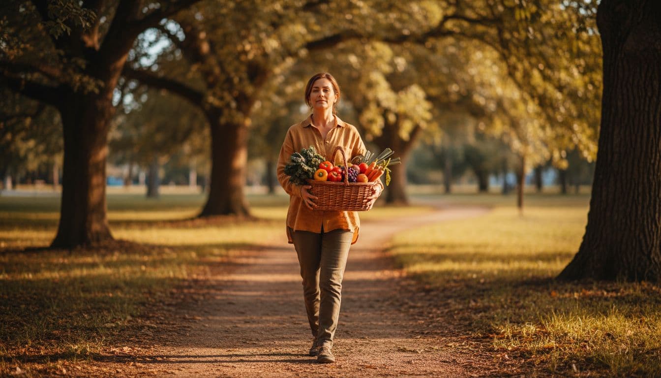 A mid-40s woman walks calmly along a sunny park path carrying a basket of fresh vegetables and fruits, showcasing healthy nutrition integrated with light exercise in a cinematic style with warm earth tones.