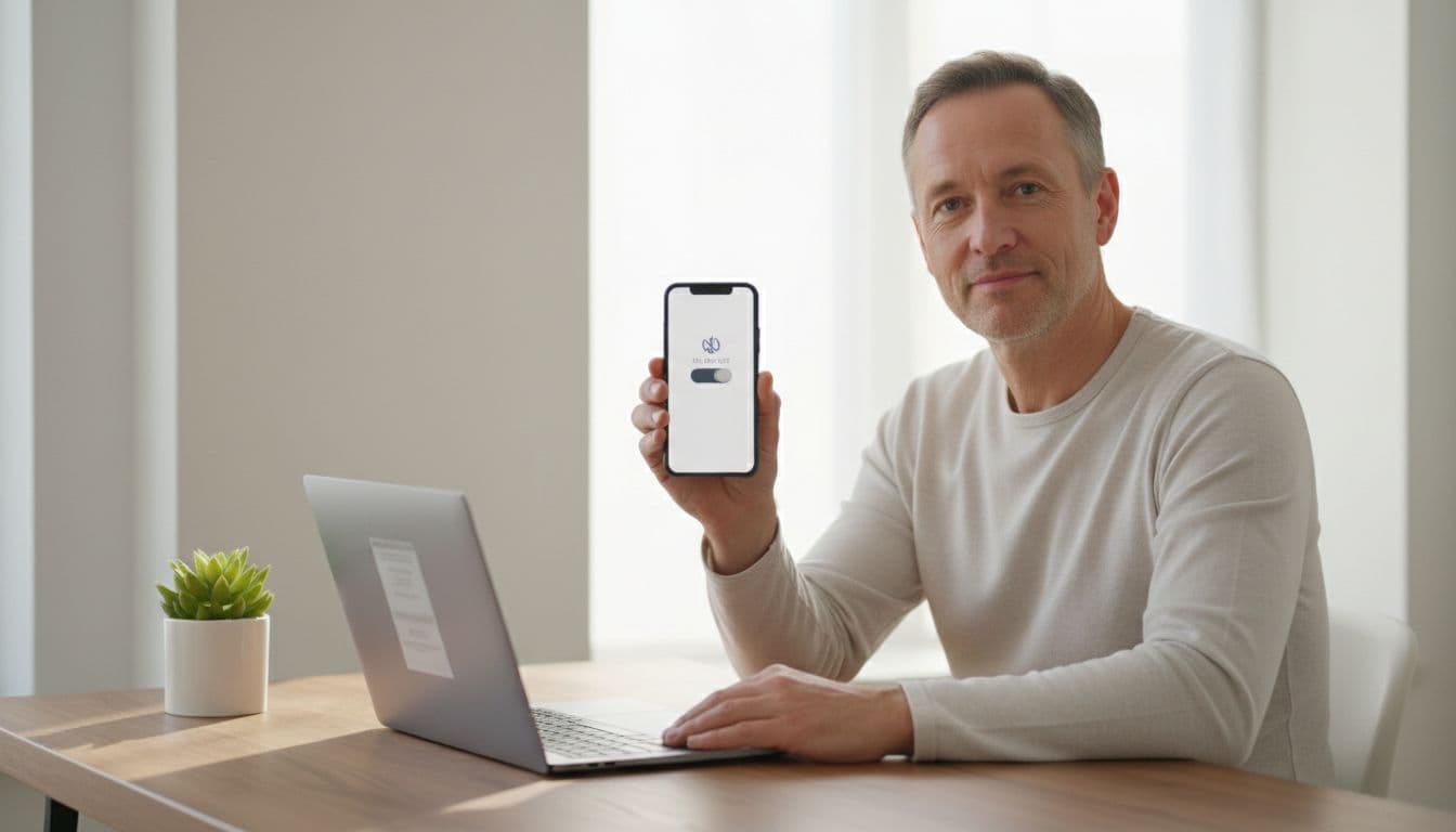 Ein Mann mittleren Alters aktiviert den Do-not-disturb-Modus auf seinem Smartphone in einem modernen Homeoffice, Laptop mit gefilterten E-Mails daneben, entspanntes Gesicht bei Tageslicht, minimalistischer Schreibtisch mit Pflanze.