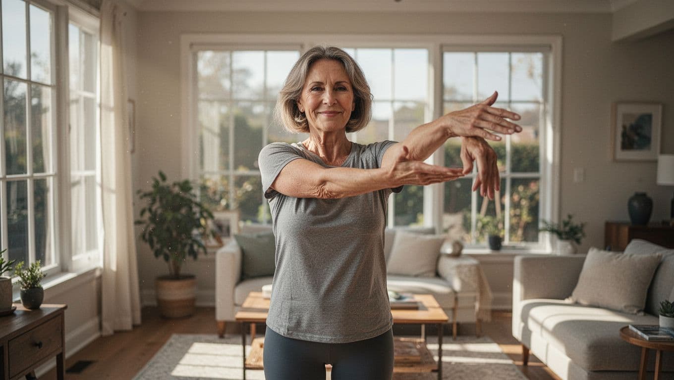 A middle-aged woman performs gentle stretching exercises like arm circles in a bright living room, smiling slightly with a dynamic pose. Cinematic style featuring strong contrast, depth, and dramatic lighting.