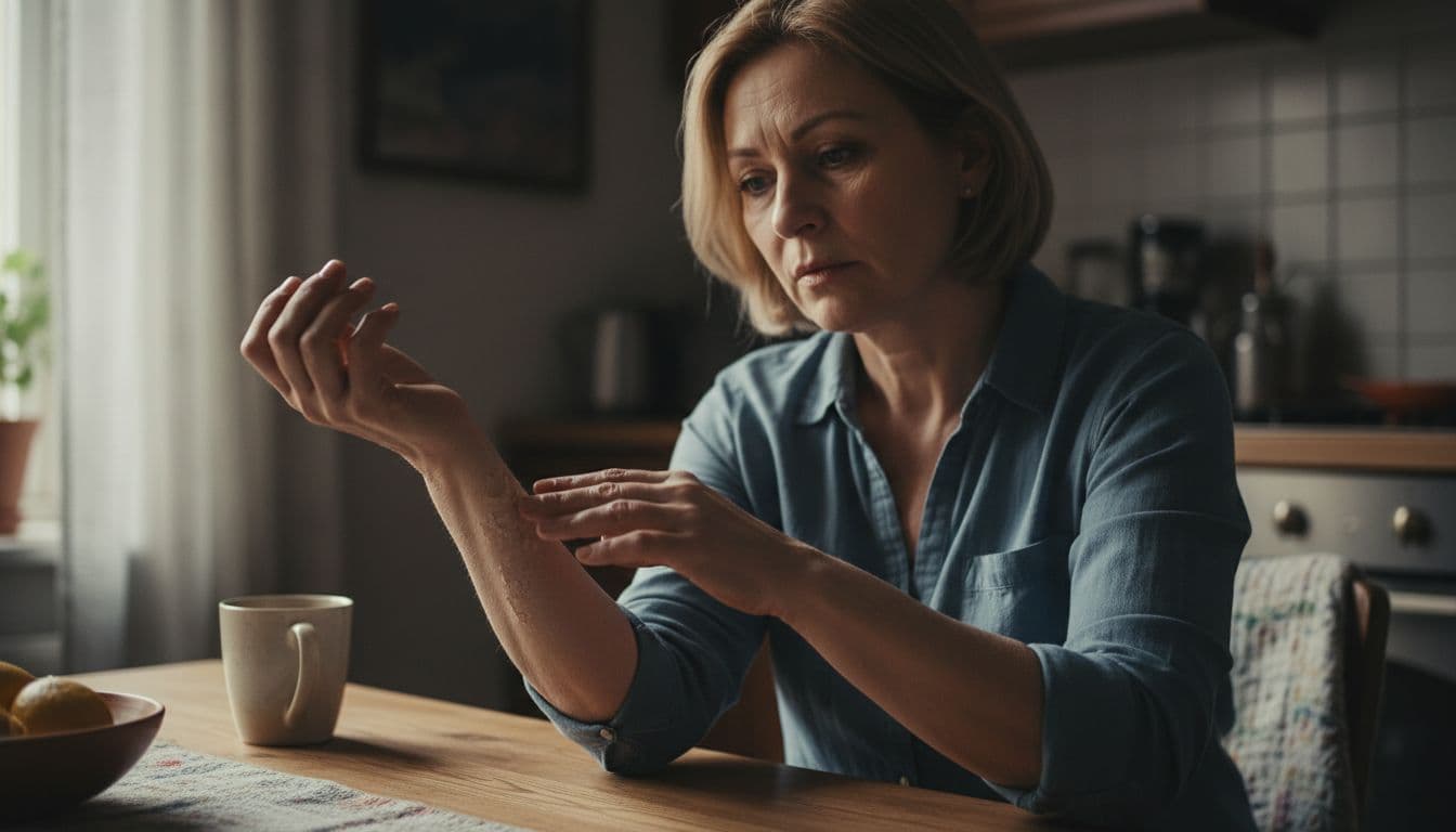 A middle-aged woman at the dining table in natural light calmly but concernedly inspects the dry skin on her arm. Cinematic close-up with strong contrast, dramatic lighting, depth, and soft shadows.