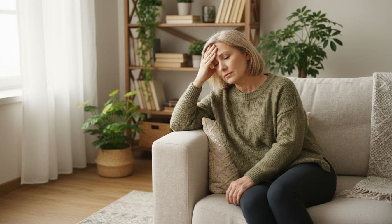 A middle-aged woman with fibromyalgia sits on a couch in a cozy living room, holding her forehead with one relaxed hand to show mild tiredness and awareness of early fatigue and overexertion. Soft natural daylight from the window lights a simple background with books and plants.