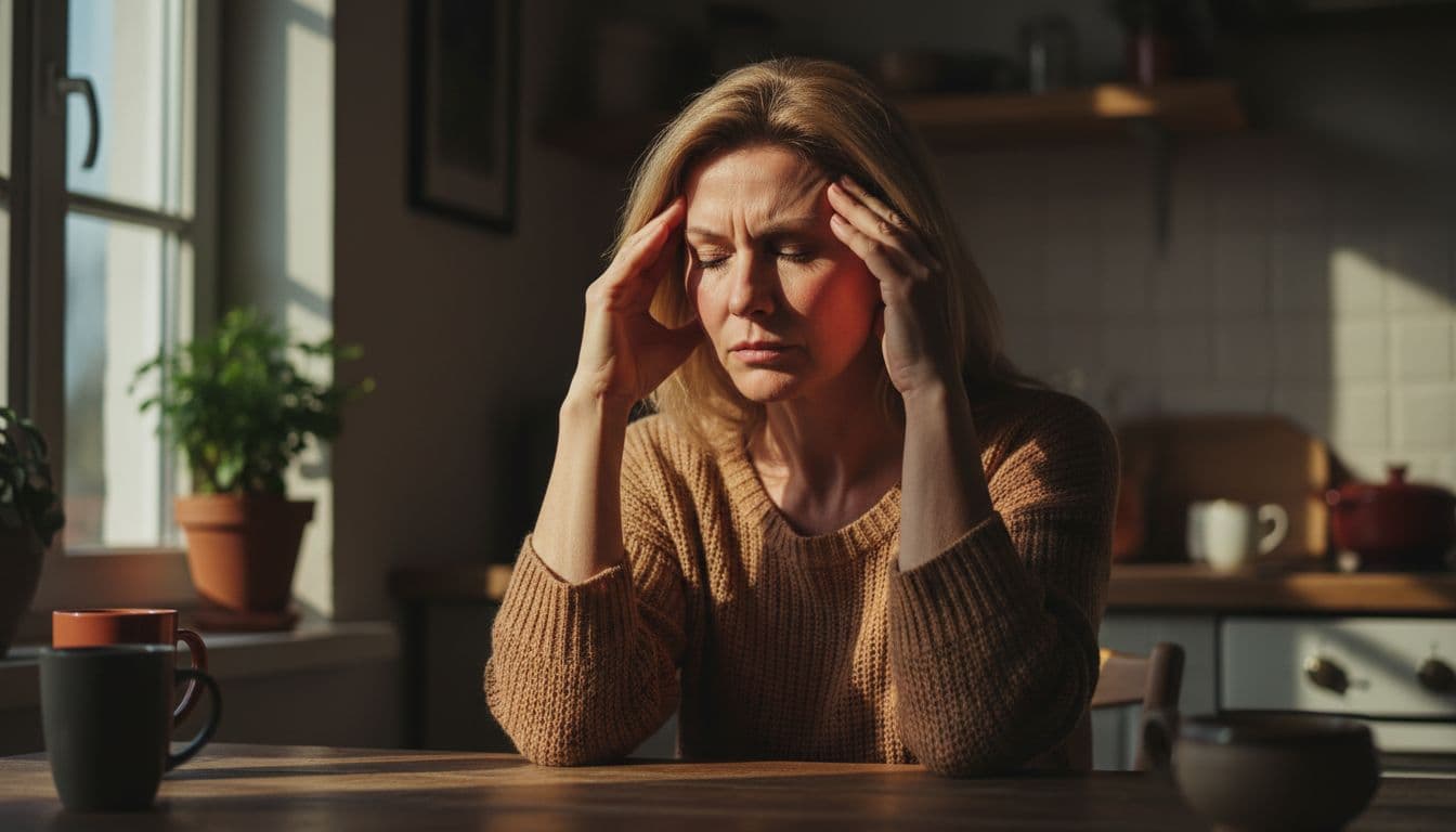 A middle-aged woman sits exhausted at the kitchen table, holding her head due to severe headaches, with visible redness on her cheeks and arms, captured in a cinematic close-up with dramatic lighting.