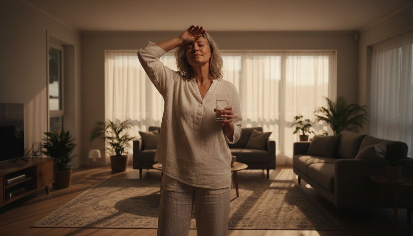 A woman around 50 in a bright living room wipes sweat from her forehead during a hot flash due to estrogen deficiency, holding a glass of water in a relaxed cinematic pose.