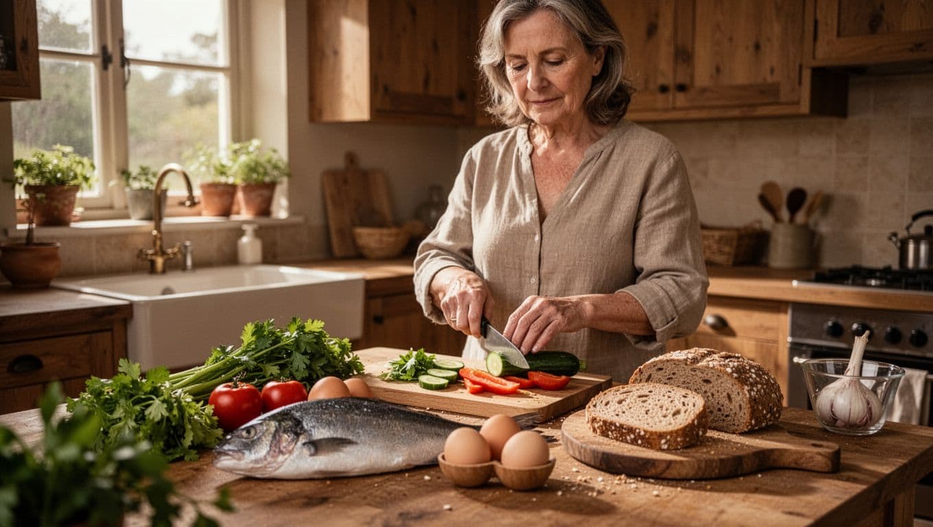 A middle-aged woman in a cozy kitchen prepares a balanced meal with vegetables, fish, eggs, whole grains, and fiber-rich foods on a wooden table, illuminated by natural daylight in a cinematic style with warm earthy tones.