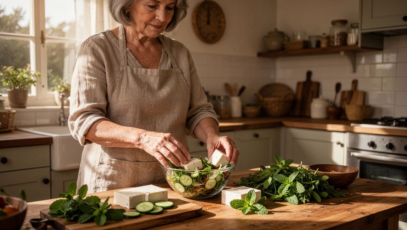 A middle-aged German woman in her 50s in a bright cozy kitchen prepares a fresh cooling salad with cucumber slices, soy tofu, green leafy vegetables, and mint on a wooden table, illuminated by natural morning light.