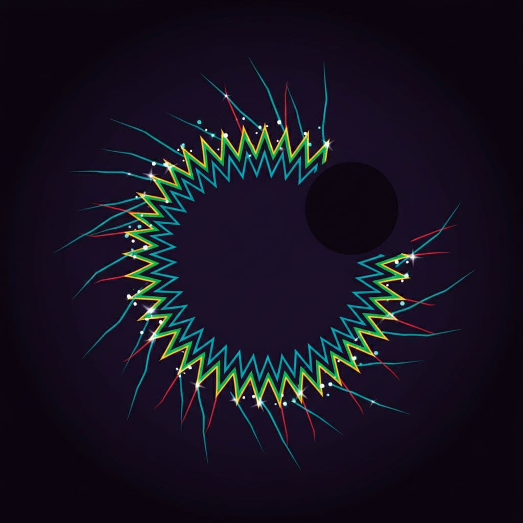 Abstract medical illustration of migraine aura with zigzag lines, flashing lights, and colorful scintillating scotoma spreading from the vision center on a dark background, depicting tunnel vision and blind spot.