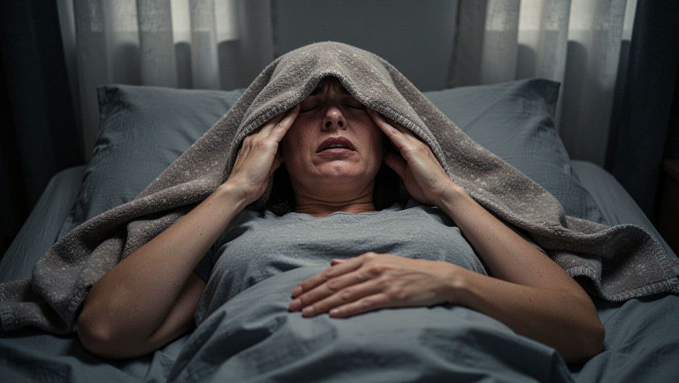 One adult lying on a bed in a darkened room during the migraine headache phase, pressing hand to temple in throbbing pain while clutching stomach for nausea, with blanket pulled over eyes to block light.