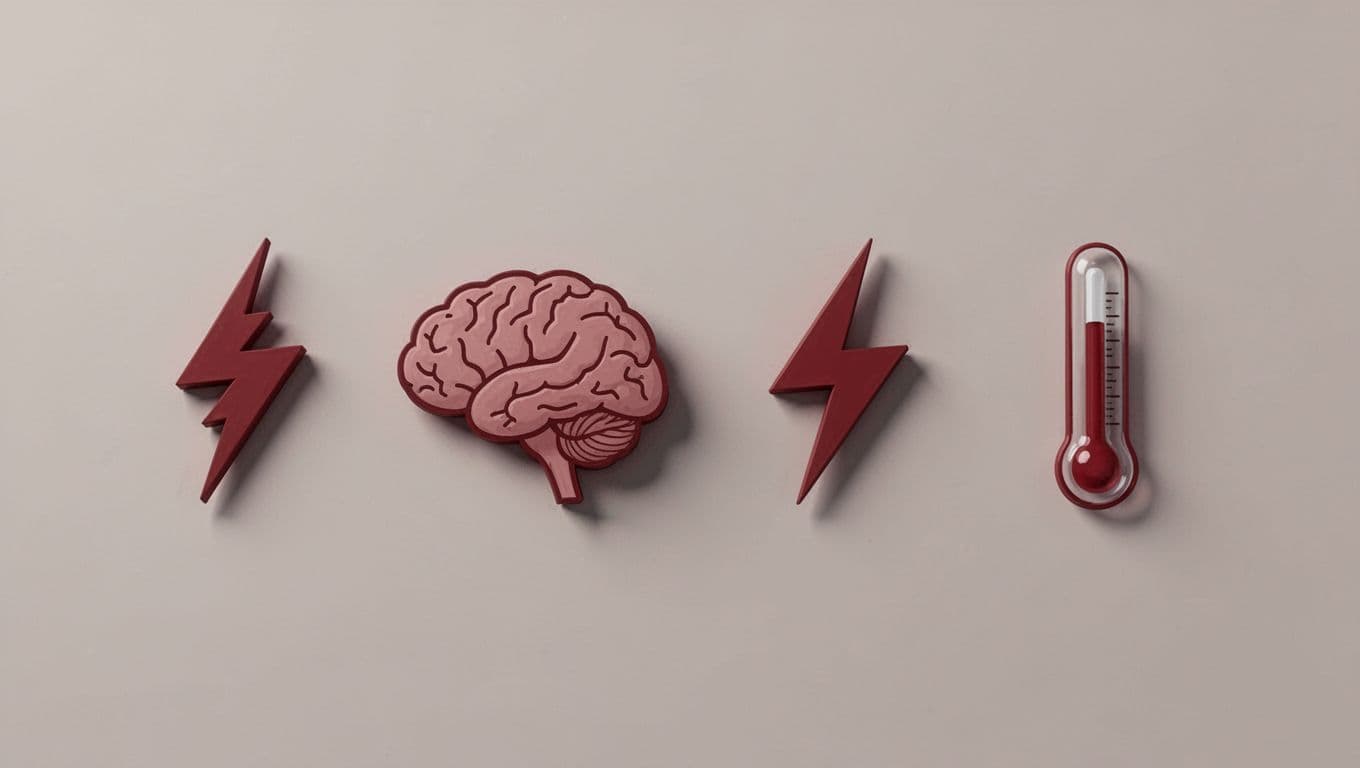 Subtle medical illustration of migraine red flag warning signs icons like thunderbolt for sudden severe headache, brain for confusion, lightning for seizure, and thermometer for fever, in dark red tones on neutral background, clean simple style with no text labels, people, or extra elements.