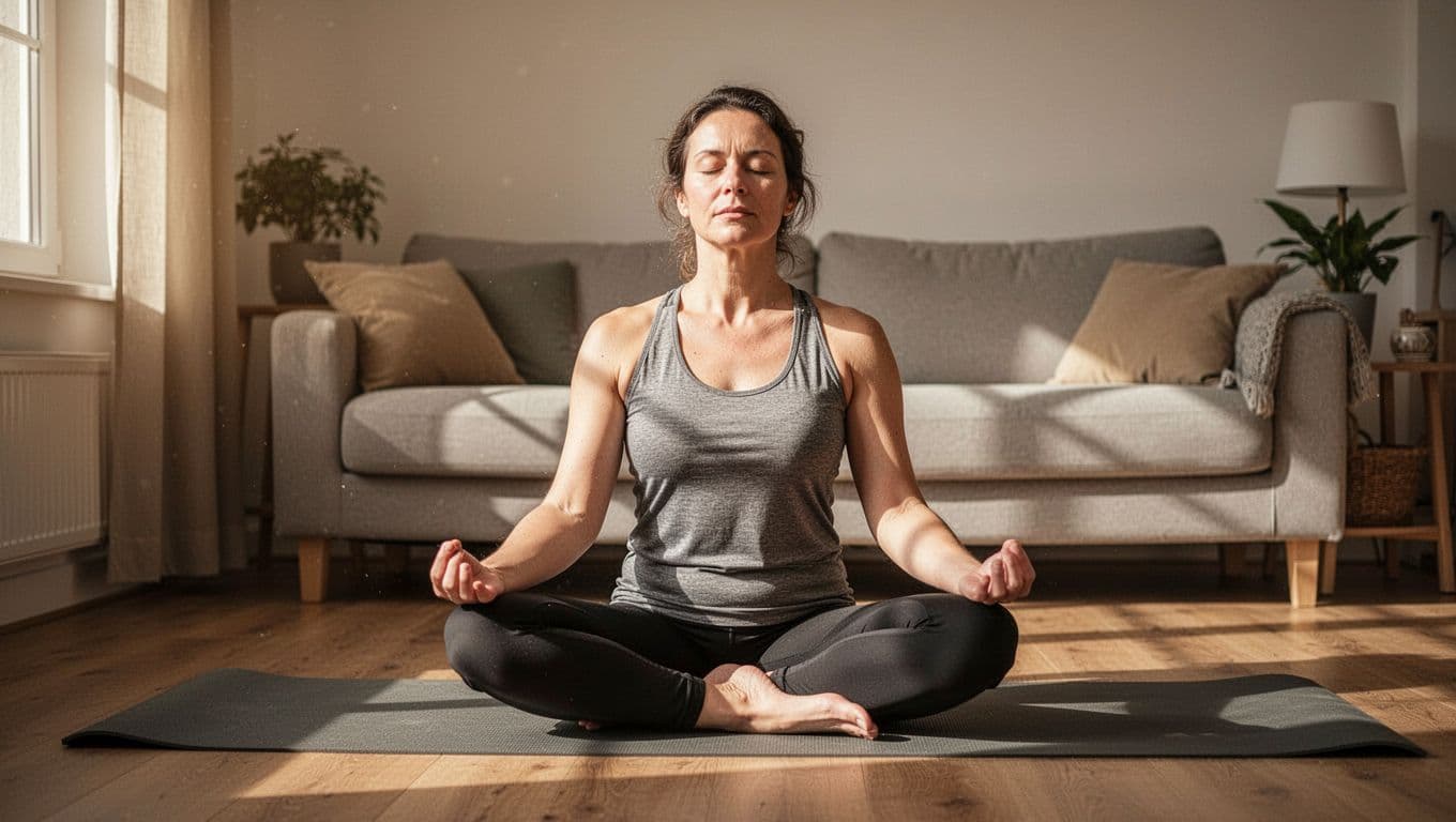 An adult sits comfortably in a home living room practicing mindfulness meditation with eyes closed, hands on knees in a relaxed pose, yoga mat nearby, bathed in natural light for a serene realistic photo.