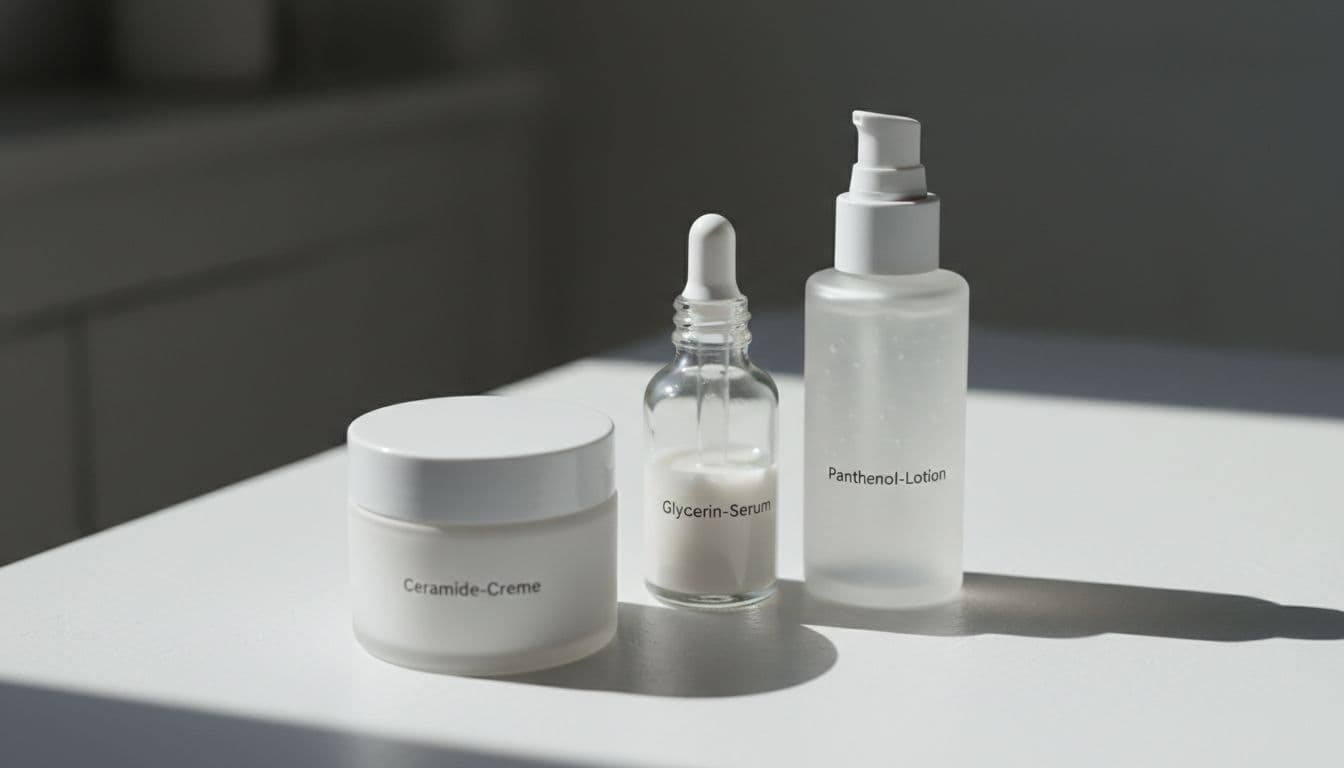 Minimalistische Hautpflegeprodukte wie Ceramide-Creme, Glycerin-Serum und Panthenol-Lotion auf einem weißen Tisch bei natürlichem Licht, close-up Komposition in cinematic Style mit starkem Kontrast, Tiefe und dramatischem Licht.