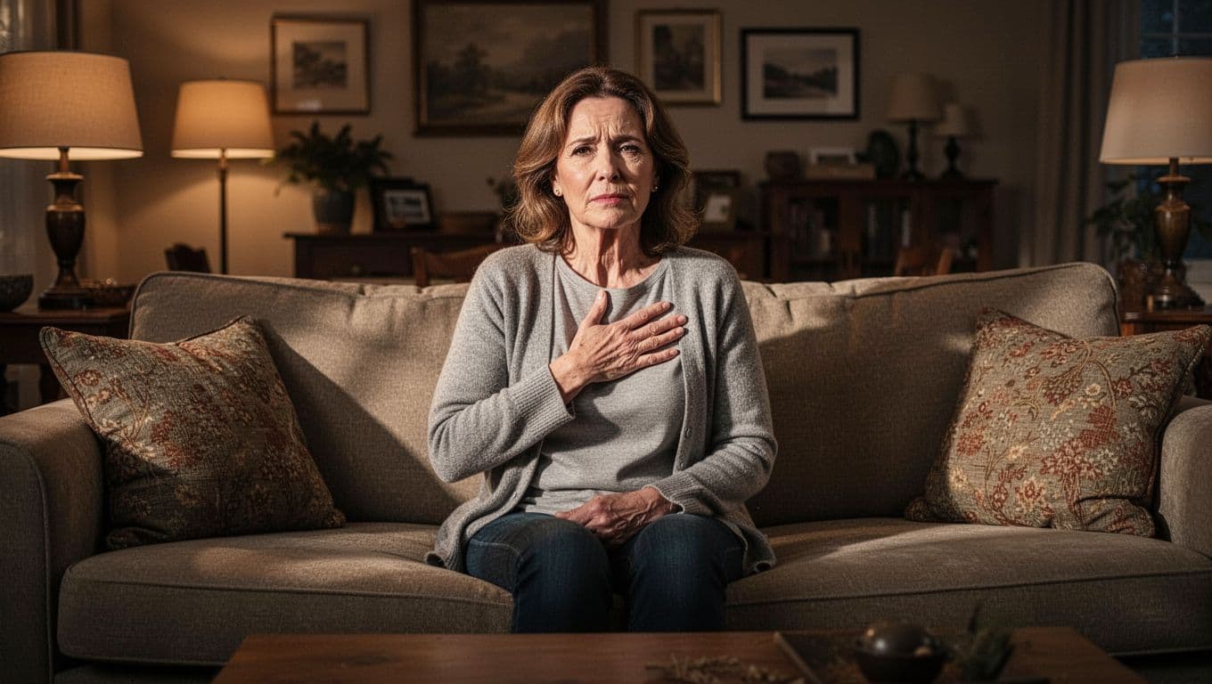 Eine Frau mittleren Alters sitzt nervös und unruhig auf einem Sofa in einem gemütlichen Wohnzimmer, hält eine Hand ans Herz und zeigt leichte Muskelzuckungen, cinematic Stil mit dramatischem Kontrast und warmer Beleuchtung.