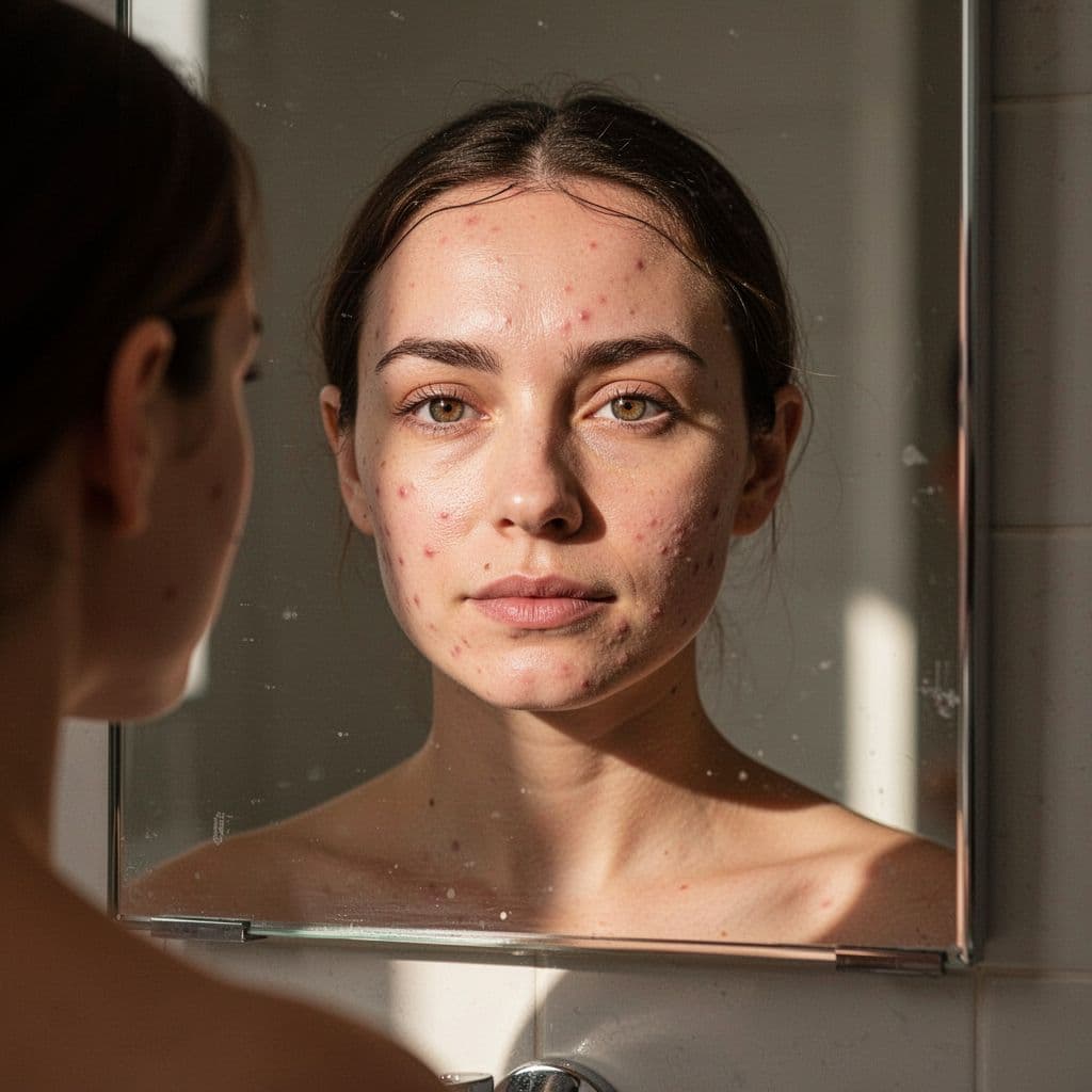 Close-up of a woman's face with light acne on cheeks and chin, thinning hairline with visible hair loss at temples, calm expression in natural bathroom light before a mirror.