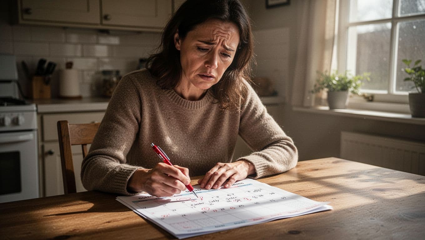 A woman in her 30s sits at a kitchen table, noting irregular menstrual dates in a monthly calendar with a red pen, wearing a concerned expression amid natural morning light from the window. Cinematic composition with medium distance focus on the calendar and her face, using strong contrast, depth, and warm earth tones.