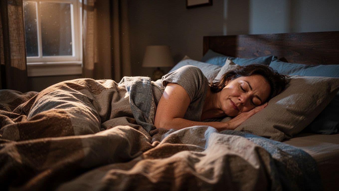 A woman sleeps peacefully in a cozy bedroom with soft bedding and dim night light from the window, emphasizing a restful sleep environment free of devices.