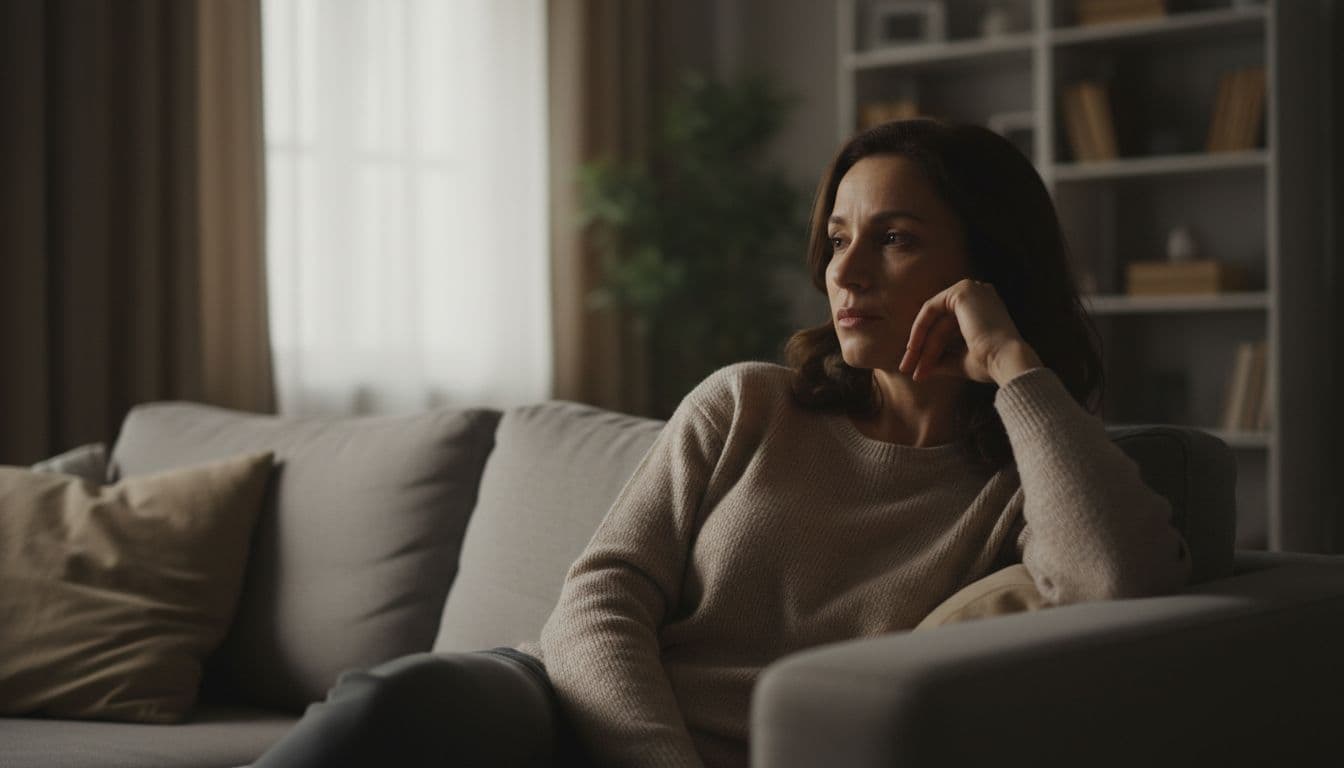 A woman in her 30s sits alone on a modern sofa in a cozy living room, gazing thoughtfully into the distance with one hand on her cheek, illustrating emotional and psychological burden from PMDS.