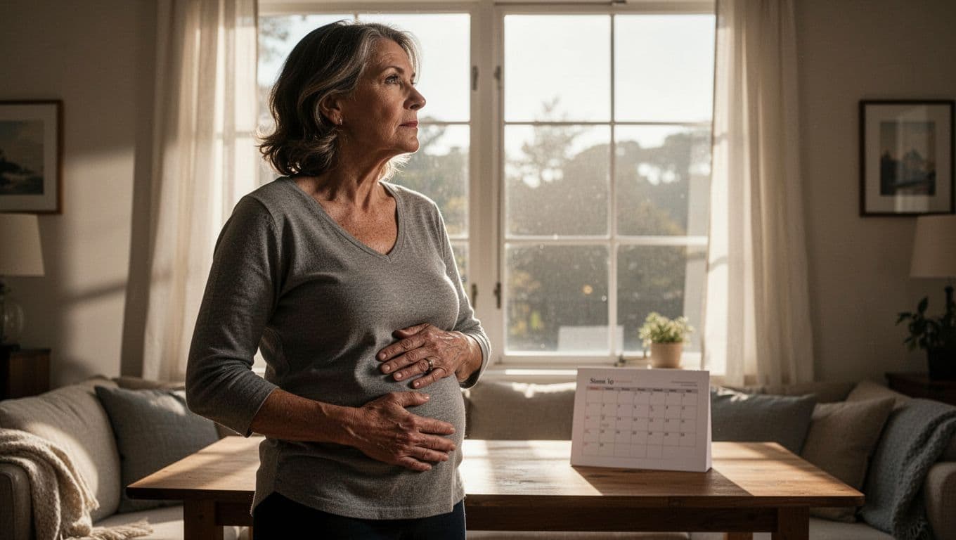 A mid-forties woman stands thoughtfully in a sunlit living room, hand resting on her abdomen, gazing out the window with a faint menstrual calendar on the table behind, illuminated by soft morning light creating dramatic shadows.