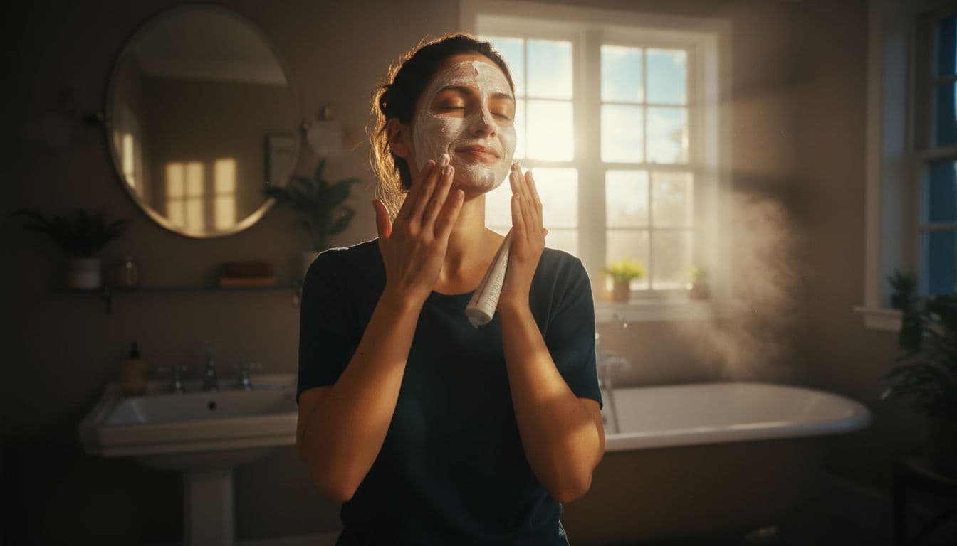 A person with sunscreen on their face poses relaxed in a bathroom before a sunny window, cinematic style with dramatic lighting and strong contrast.