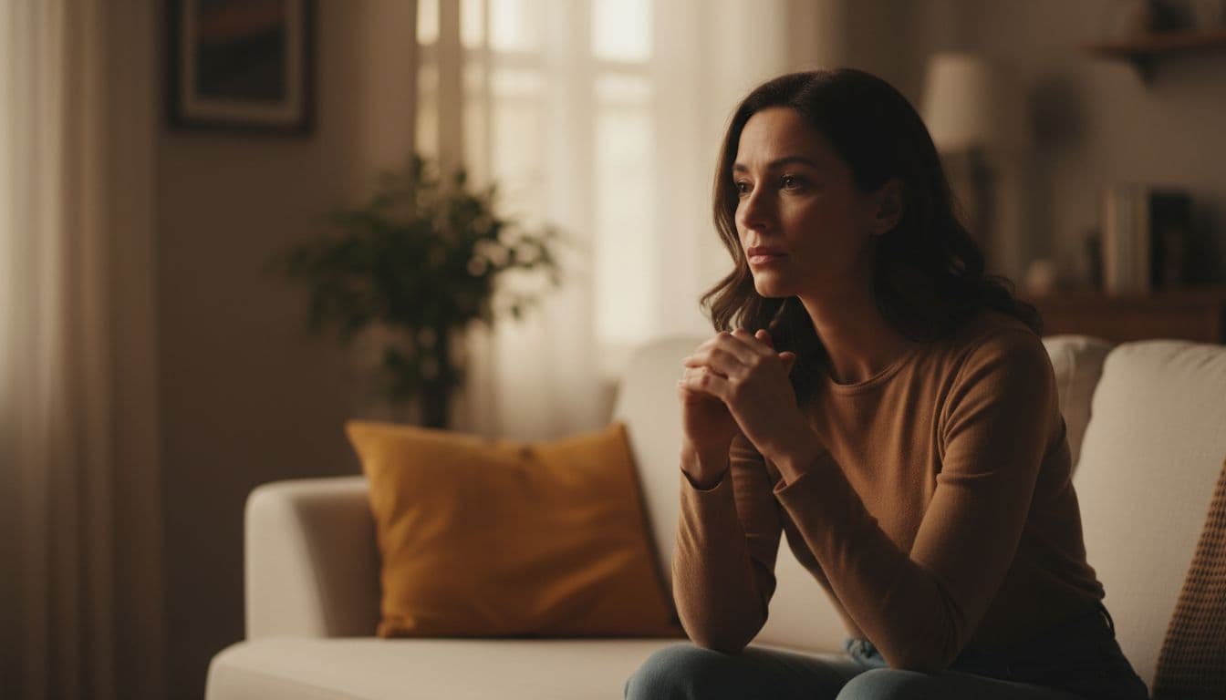 A single woman in her 30s sits thoughtfully on a comfortable sofa in a softly lit living room, gazing out a window with a subtle concerned expression, hands folded in her lap, cinematic style highlighting emotional burden of PMDS symptoms during luteal phase.