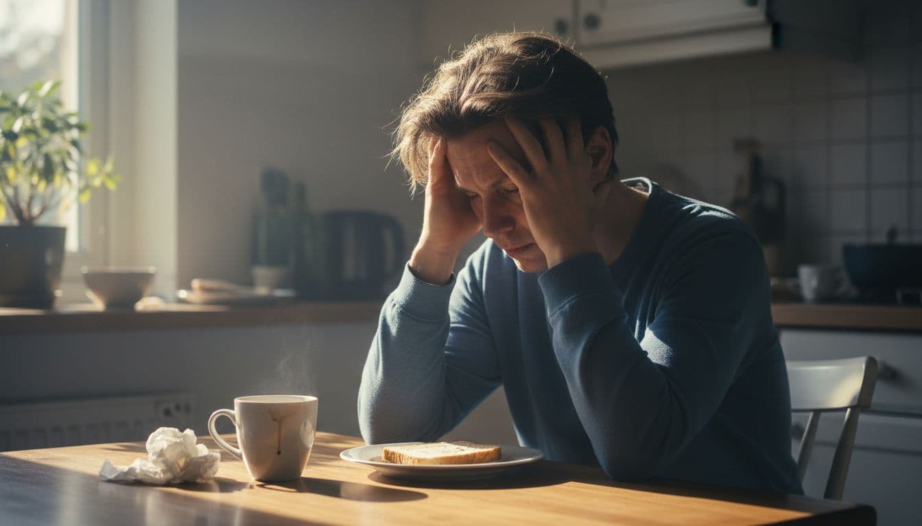 A single exhausted adult sits slumped at a kitchen table after a migraine, head in hands with a brain fog expression, empty coffee cup nearby, bathed in soft morning light.